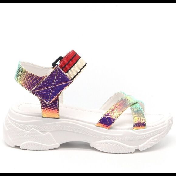 Hologram Rainbow White Velcro Platform Sandals - Picture 8 of 8